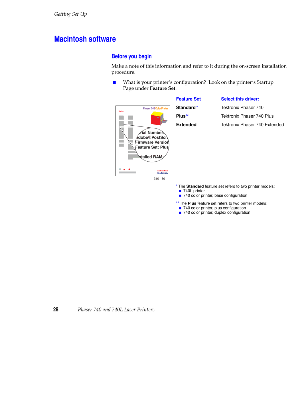 Tektronix 740L setup guide Macintosh software, Feature Set Select this driver 