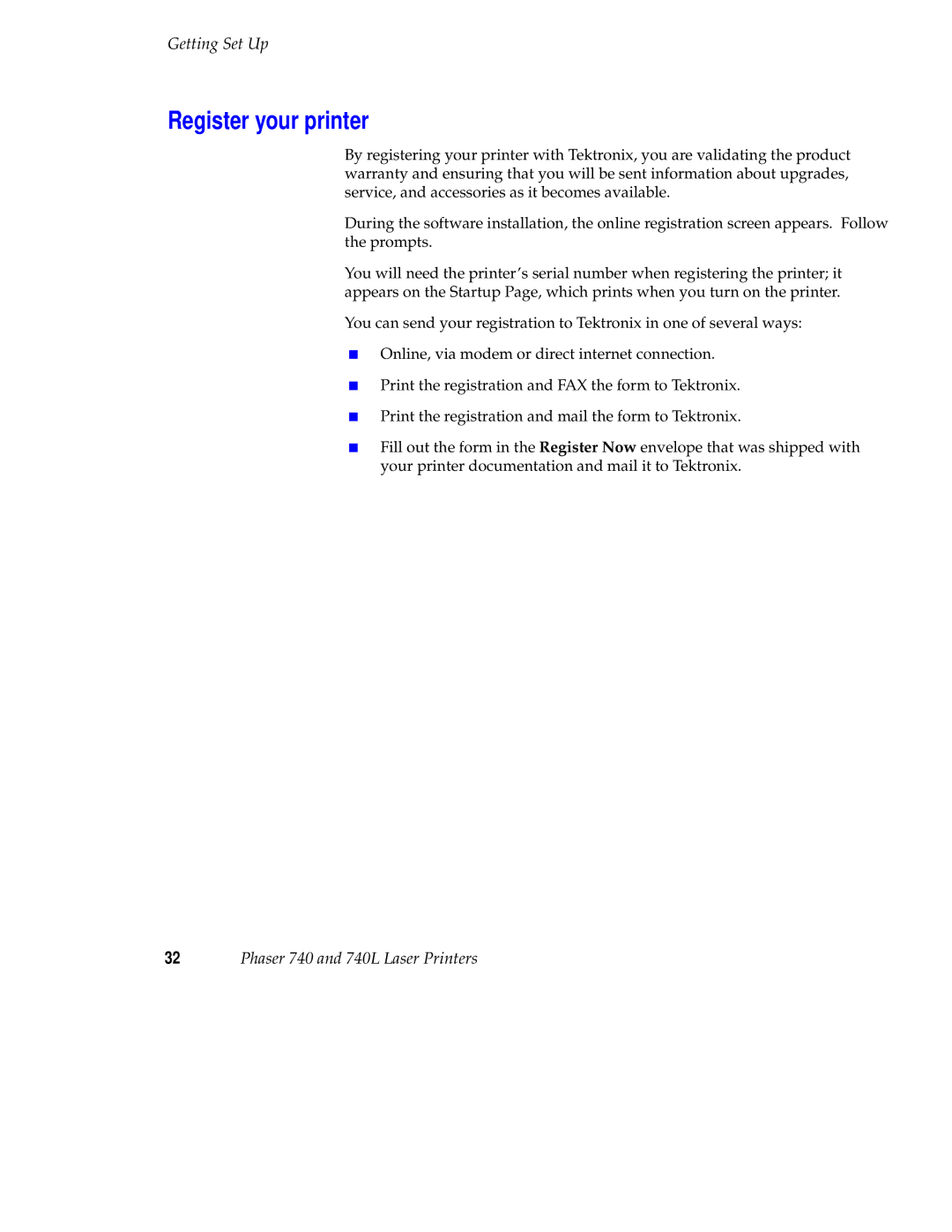 Tektronix 740L setup guide Register your printer 