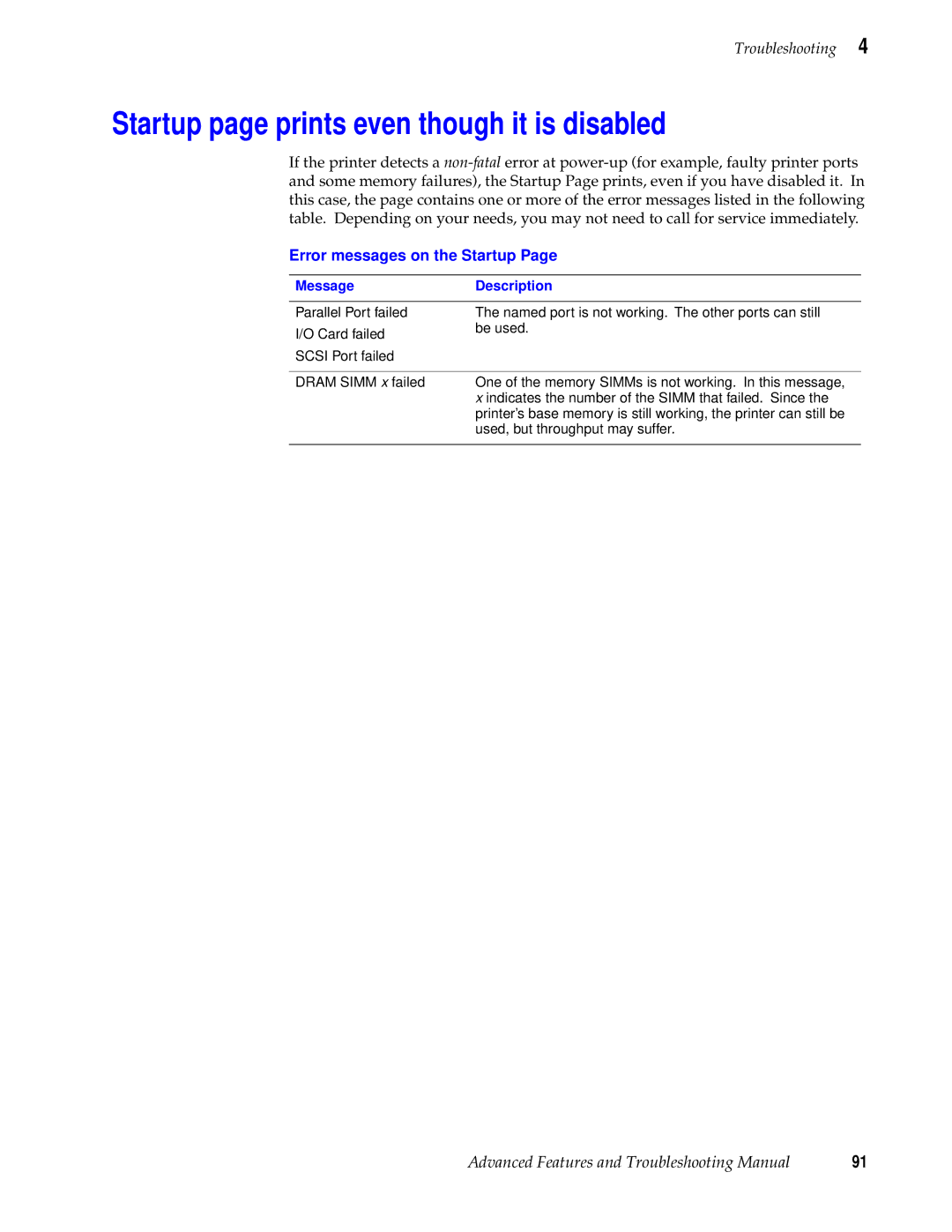 Tektronix 740L manual Startup page prints even though it is disabled, Error messages on the Startup, MessageDescription 