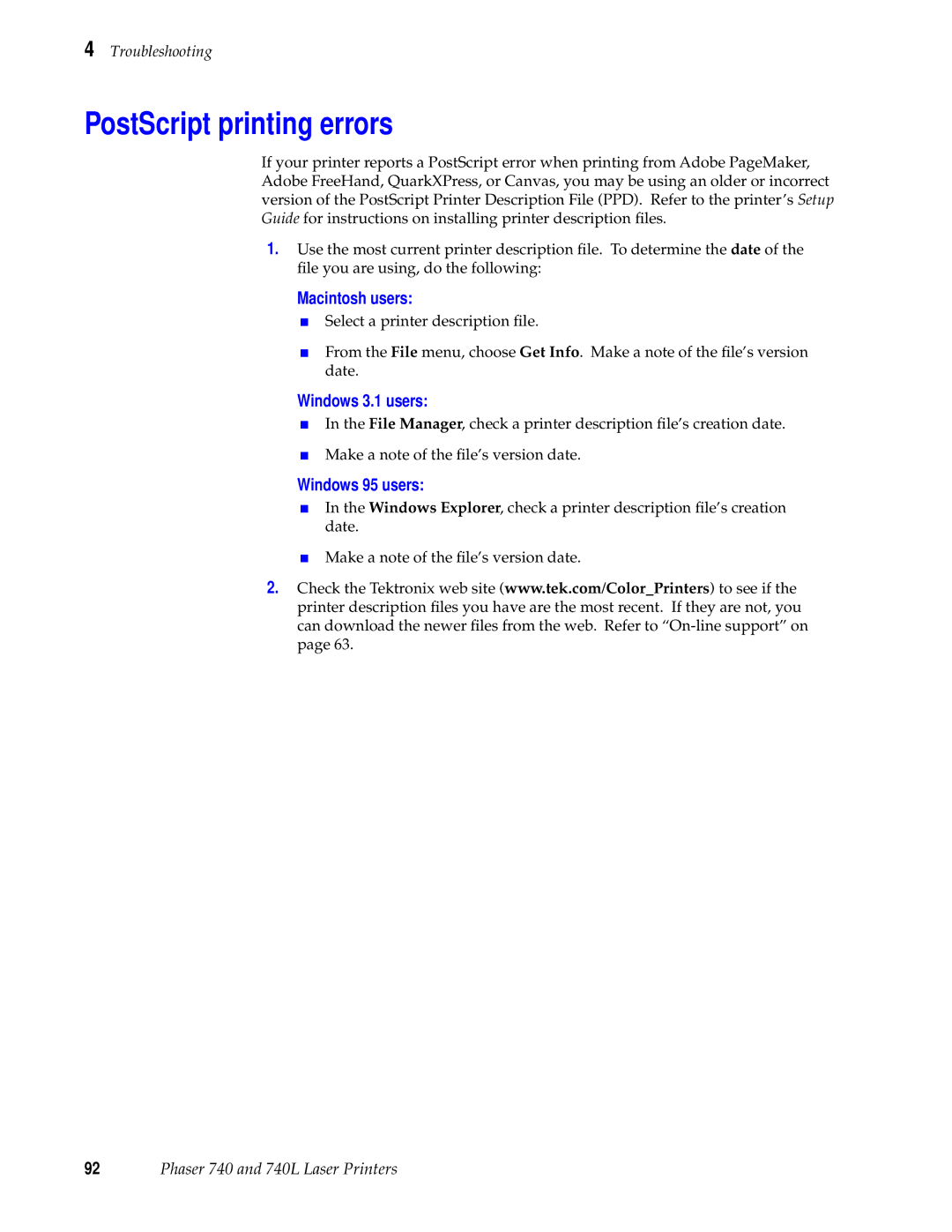 Tektronix 740L manual PostScript printing errors, Macintosh users, Windows 3.1 users, Windows 95 users 