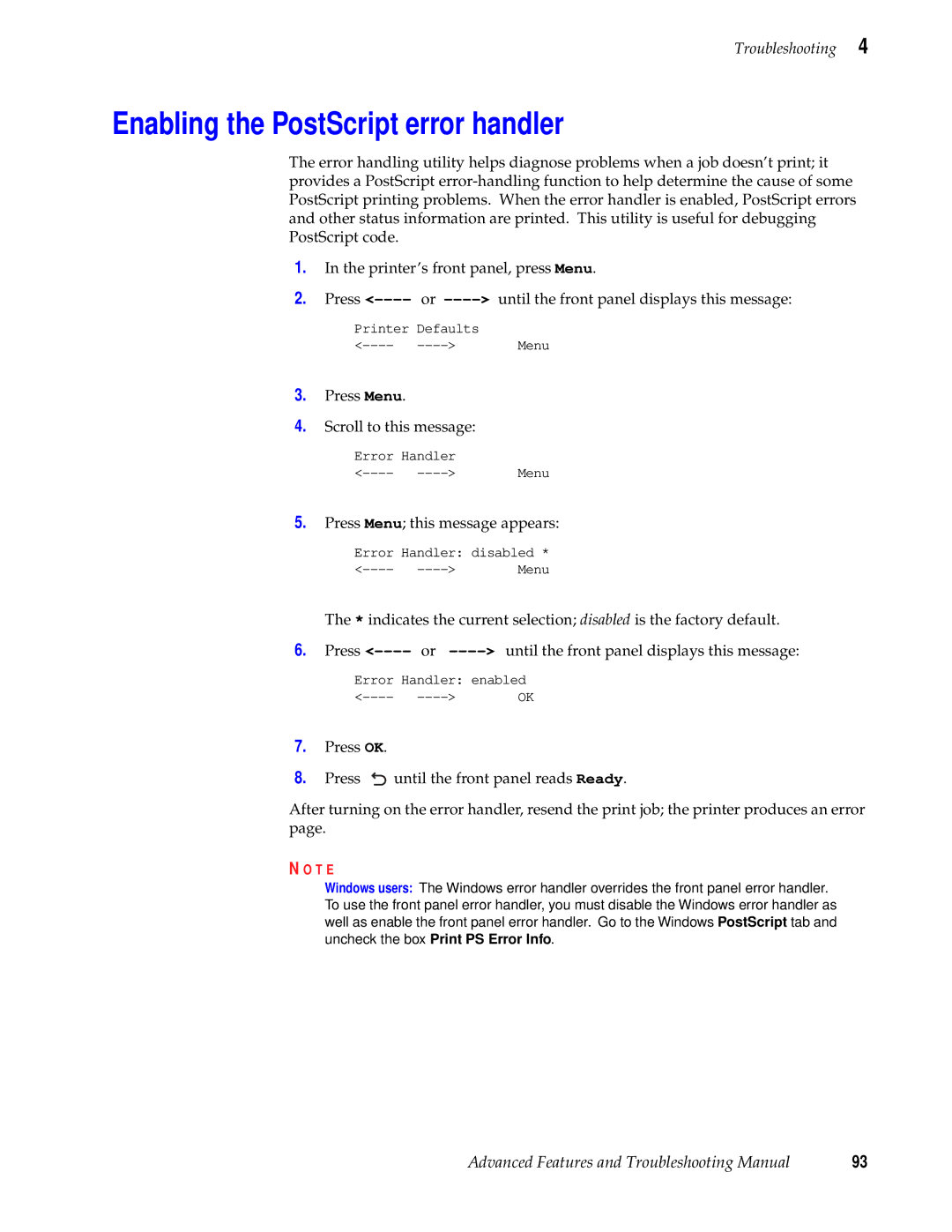 Tektronix 740L manual Enabling the PostScript error handler 