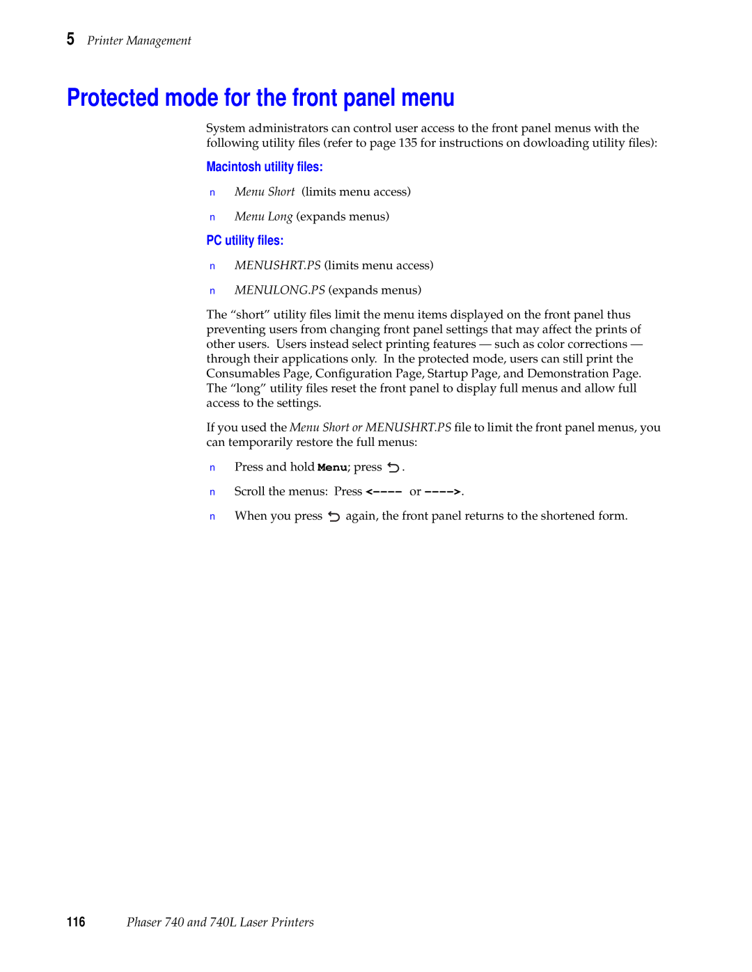 Tektronix 740L manual Protected mode for the front panel menu, Macintosh utility ﬁles, PC utility ﬁles 