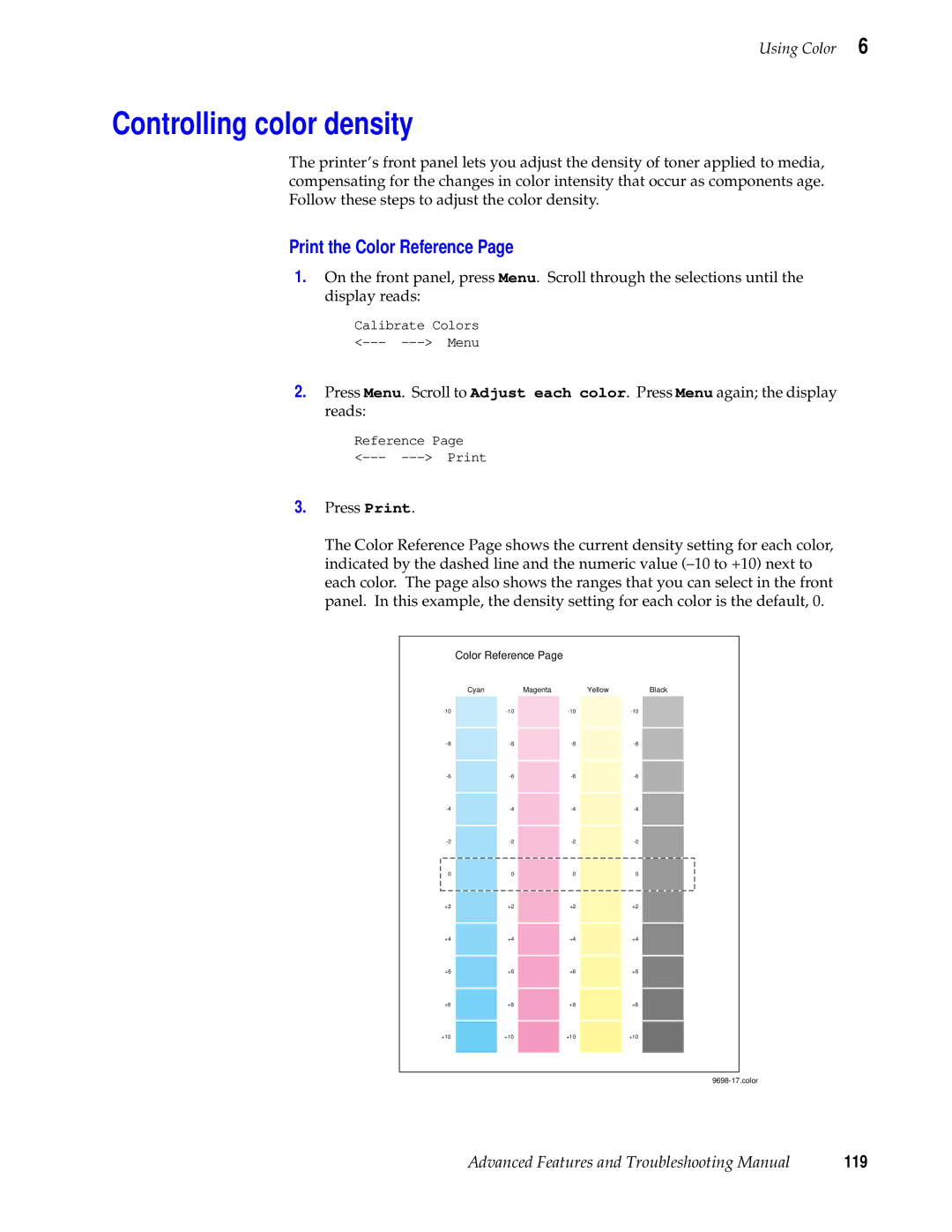 Tektronix 740L manual Controlling color density, Print the Color Reference 