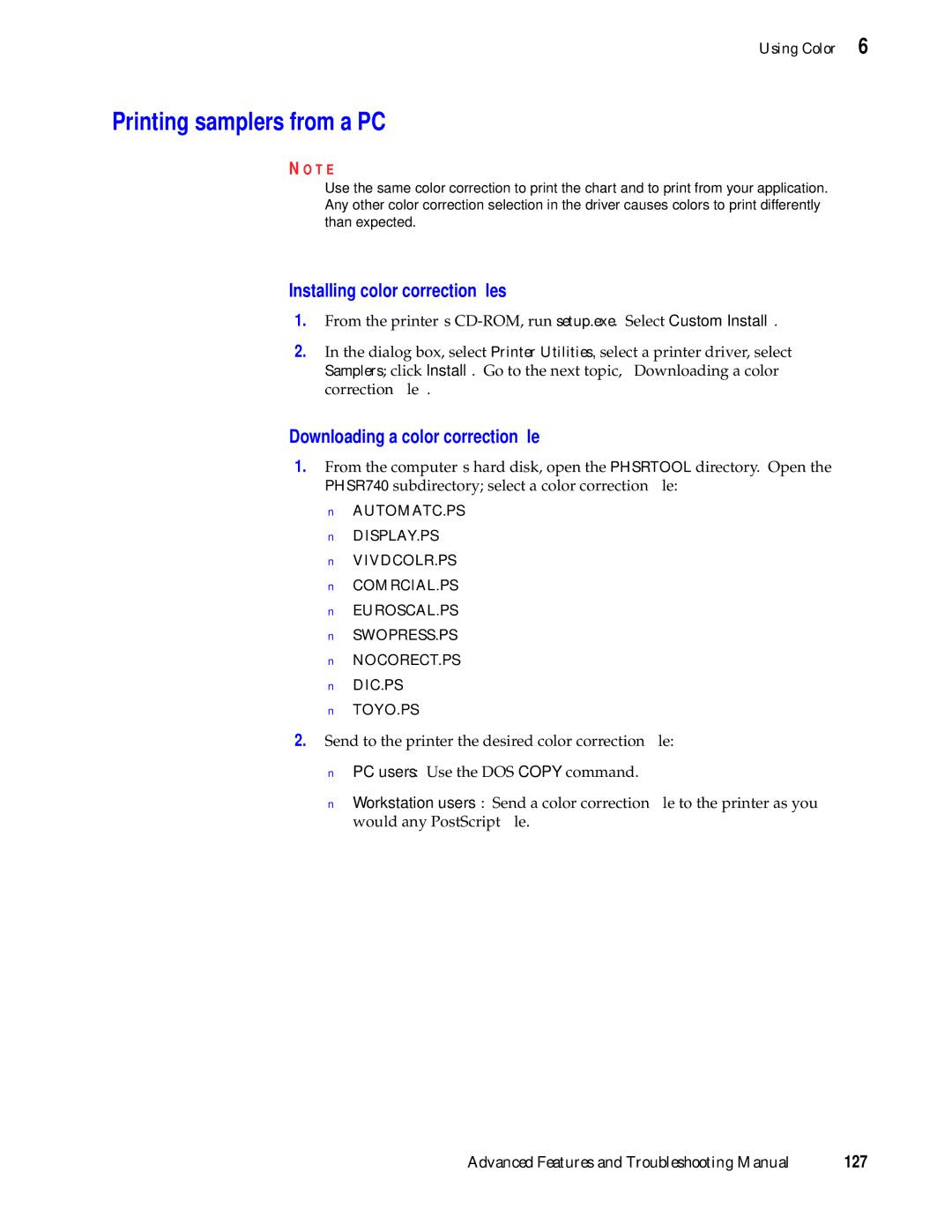 Tektronix 740L manual Printing samplers from a PC 