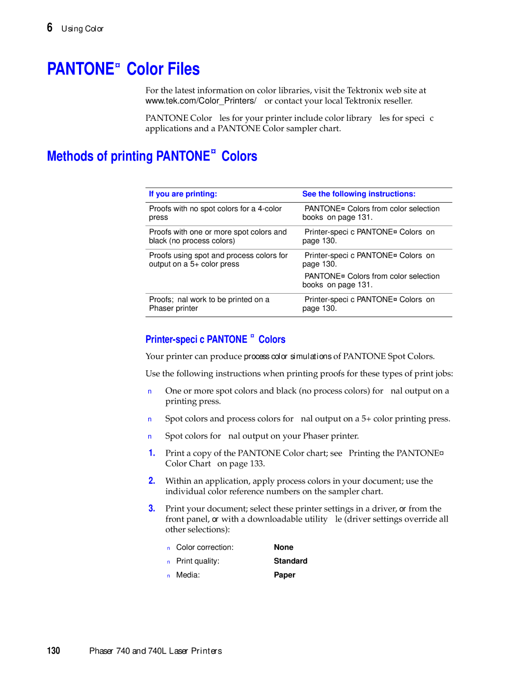 Tektronix 740L manual Pantone Color Files, Methods of printing Pantone Colors, Printer-speciﬁc Pantone Colors 