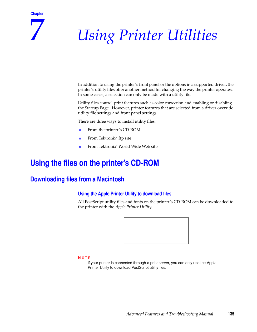 Tektronix 740L manual Using the ﬁles on the printer’s CD-ROM, Downloading ﬁles from a Macintosh 