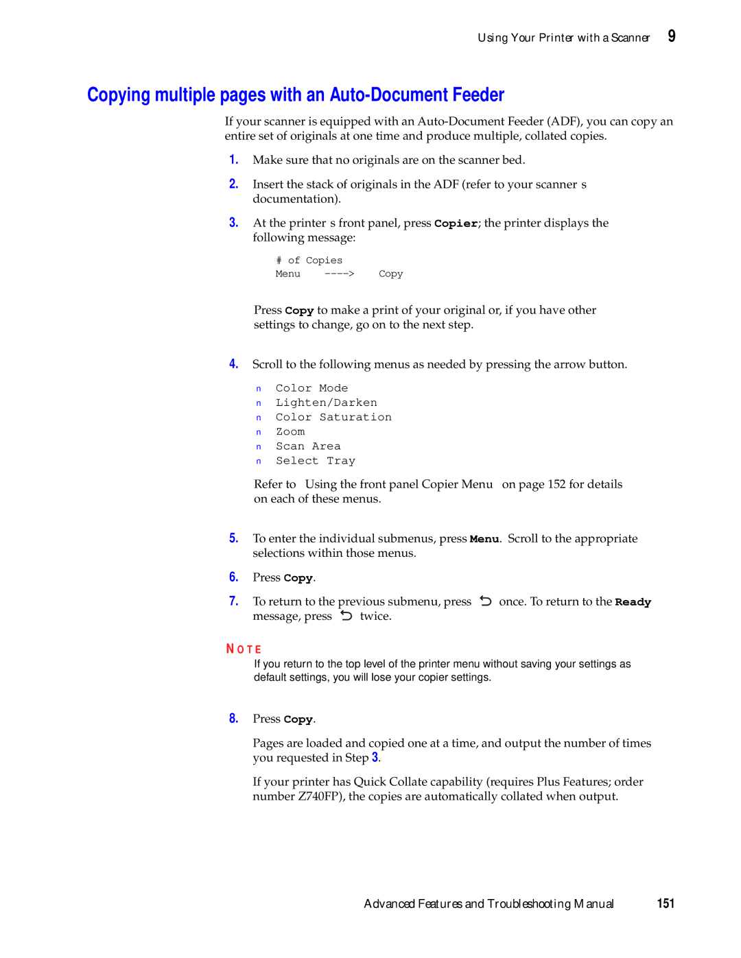 Tektronix 740L manual Copying multiple pages with an Auto-Document Feeder 