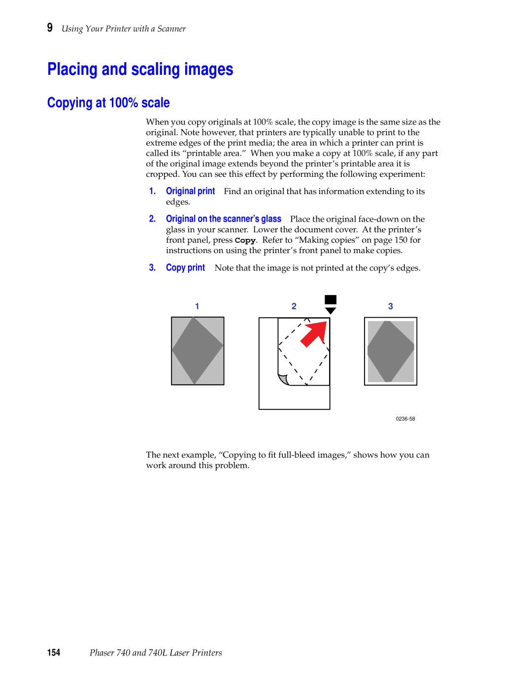 Tektronix 740L manual Placing and scaling images, Copying at 100% scale 