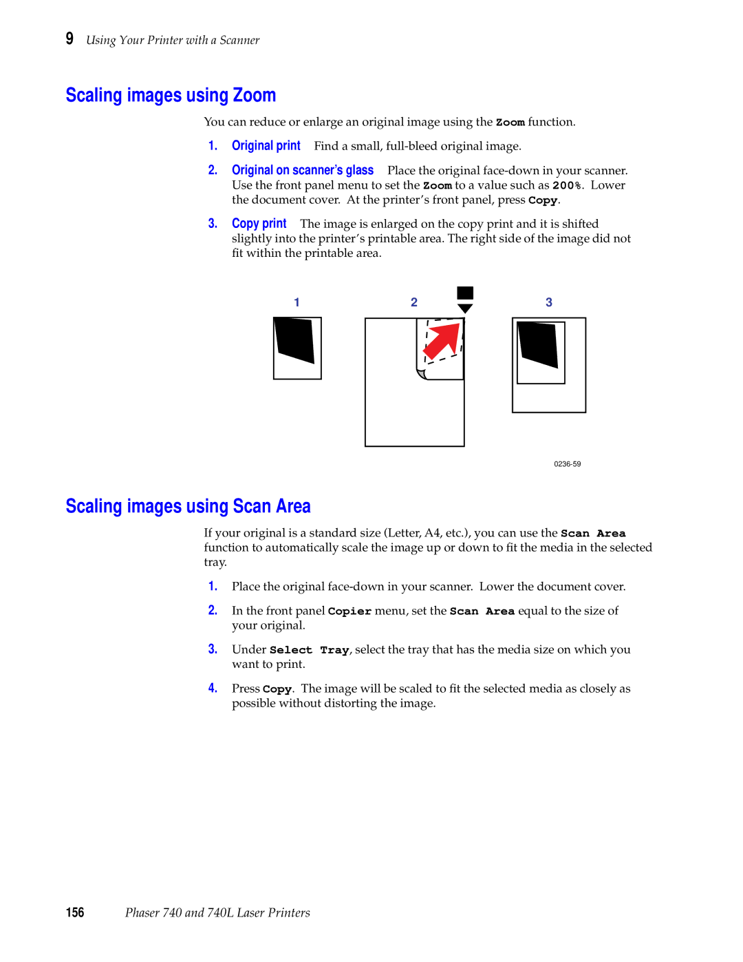 Tektronix 740L manual Scaling images using Zoom, Scaling images using Scan Area 