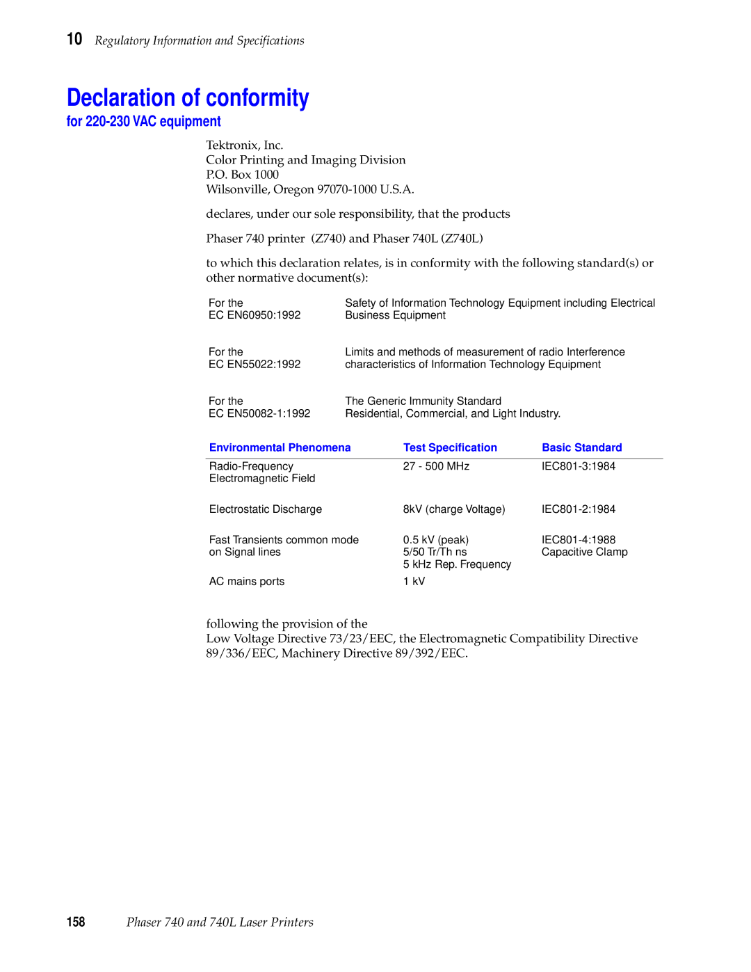 Tektronix 740L manual Declaration of conformity, For 220-230 VAC equipment 