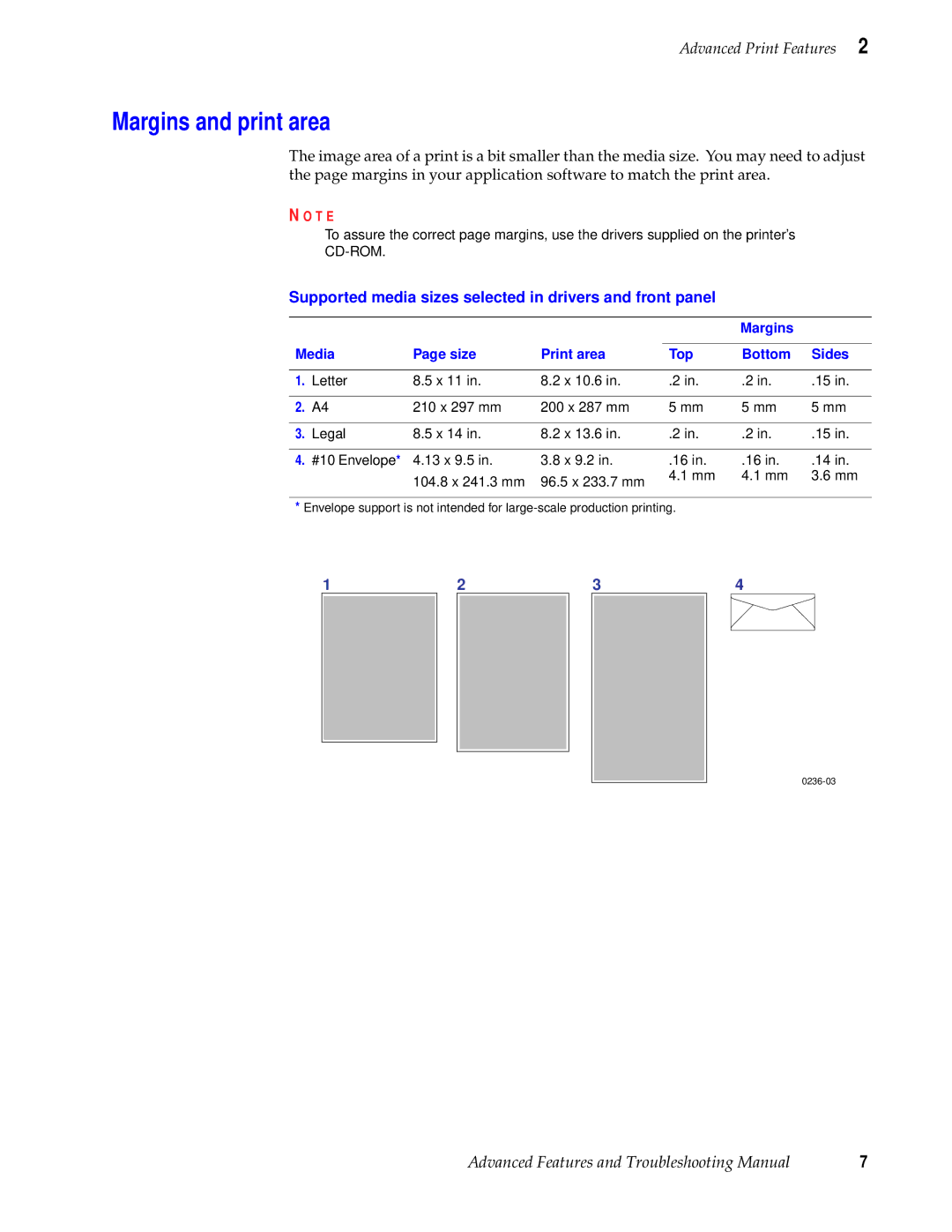 Tektronix 740L manual Margins and print area, Supported media sizes selected in drivers and front panel 