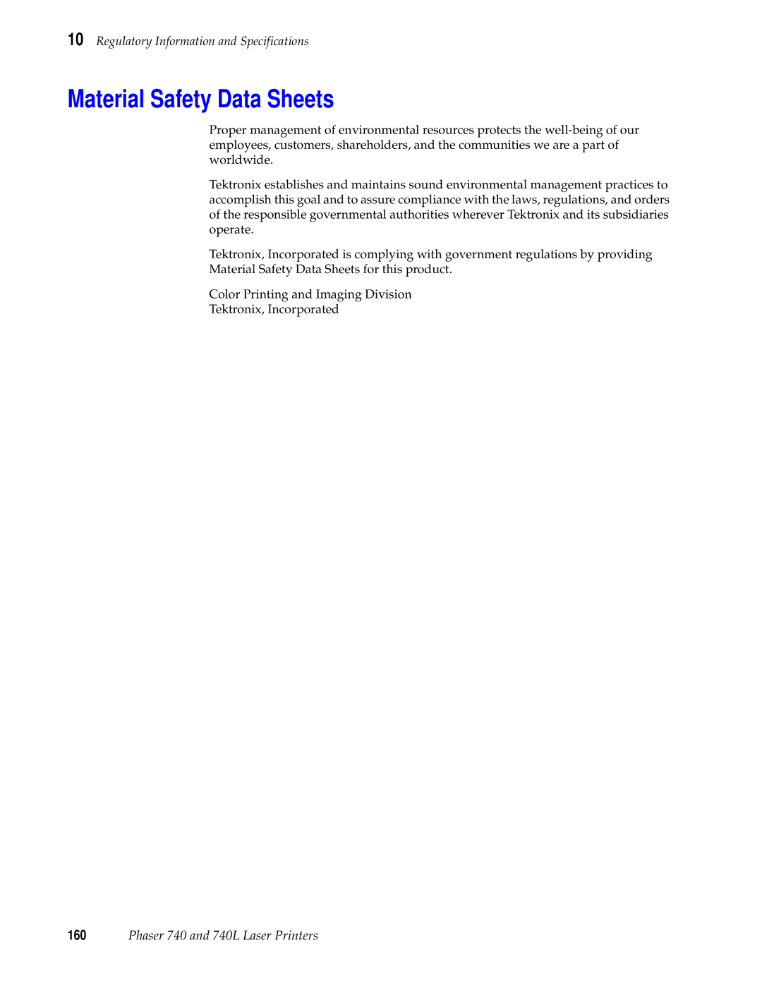 Tektronix 740L manual Material Safety Data Sheets 