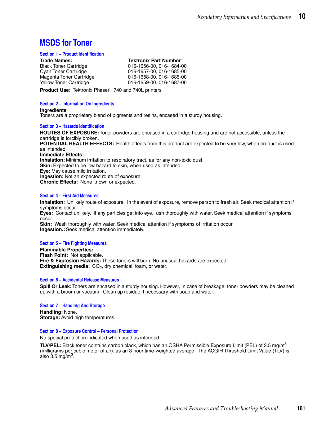 Tektronix 740L manual Msds for Toner 