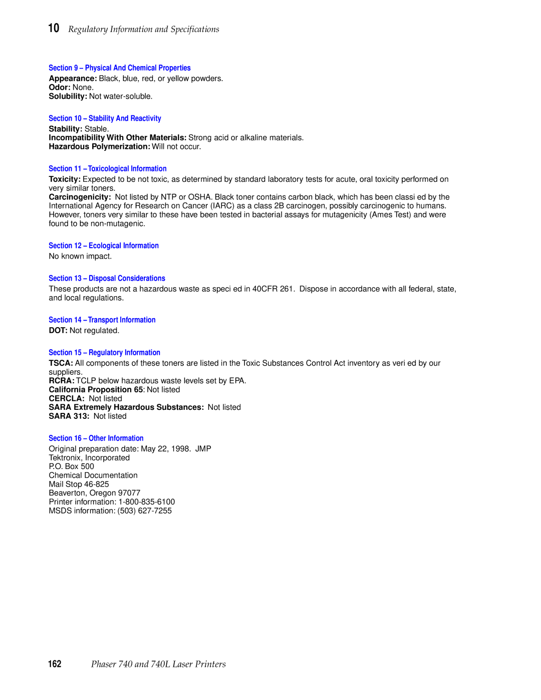 Tektronix 740L Physical And Chemical Properties, Stability And Reactivity, Toxicological Information, Other Information 