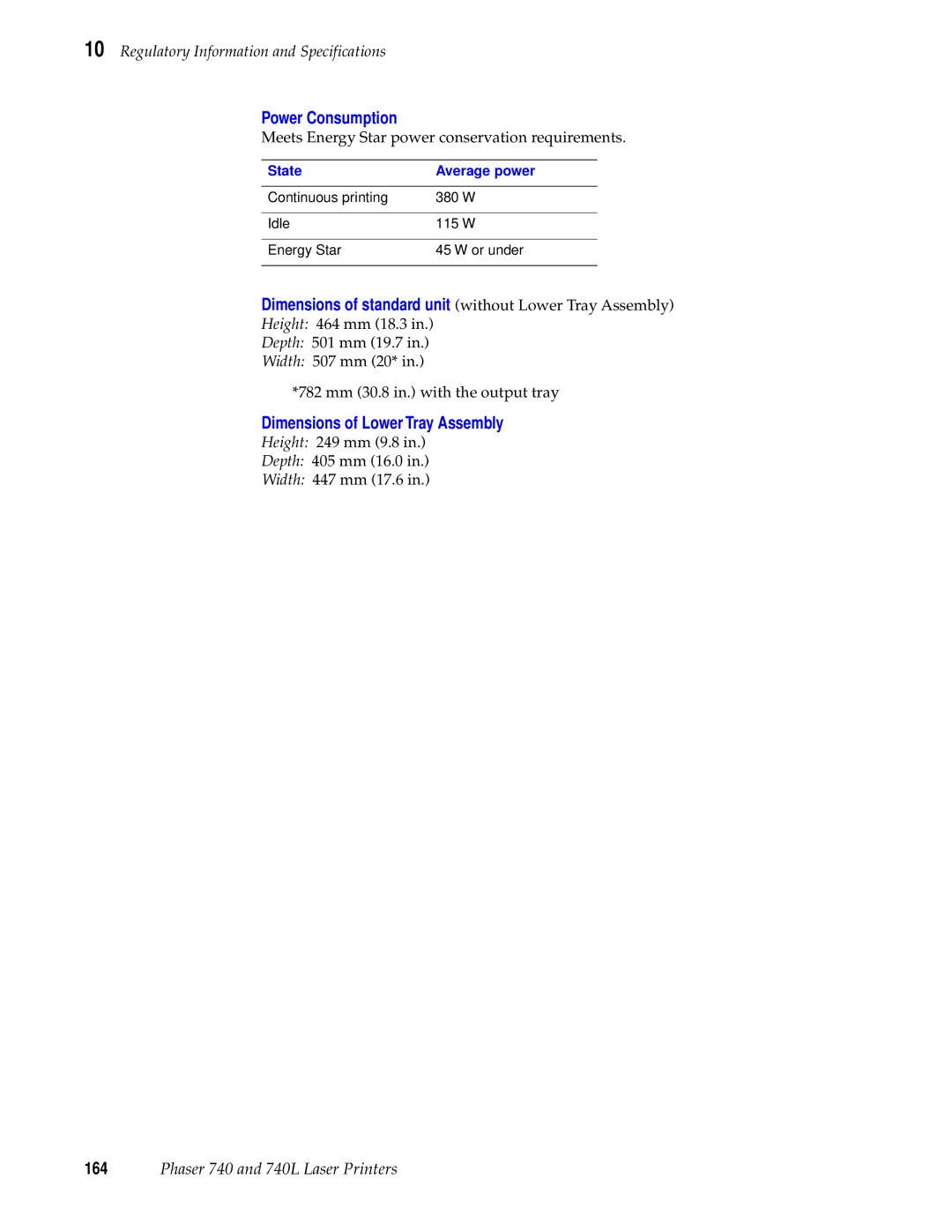 Tektronix 740L manual Power Consumption, Dimensions of Lower Tray Assembly, State Average power 