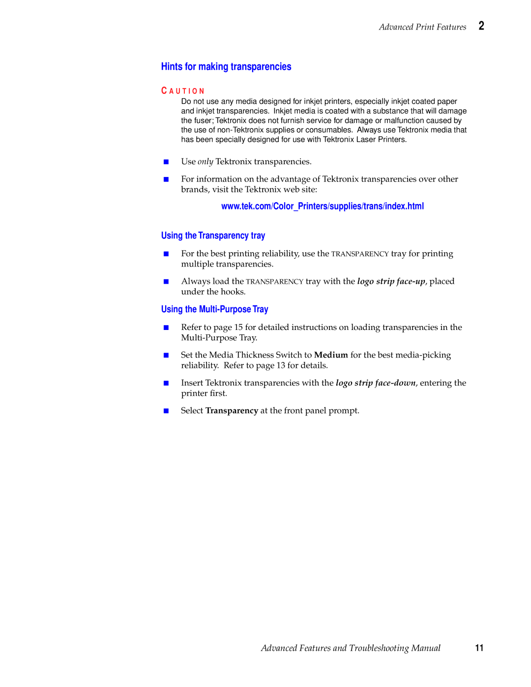 Tektronix 740L manual Hints for making transparencies, Using the Transparency tray, Using the Multi-Purpose Tray 