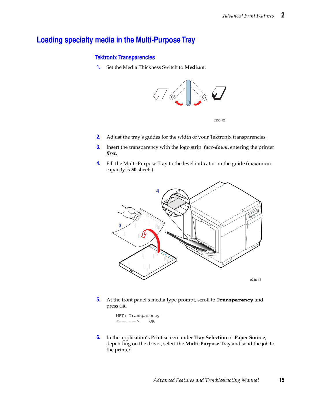 Tektronix 740L manual Loading specialty media in the Multi-Purpose Tray, Tektronix Transparencies 