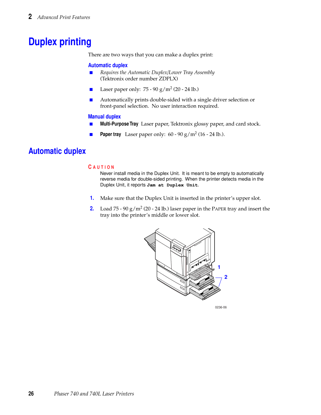 Tektronix 740L manual Duplex printing, Automatic duplex, Manual duplex 