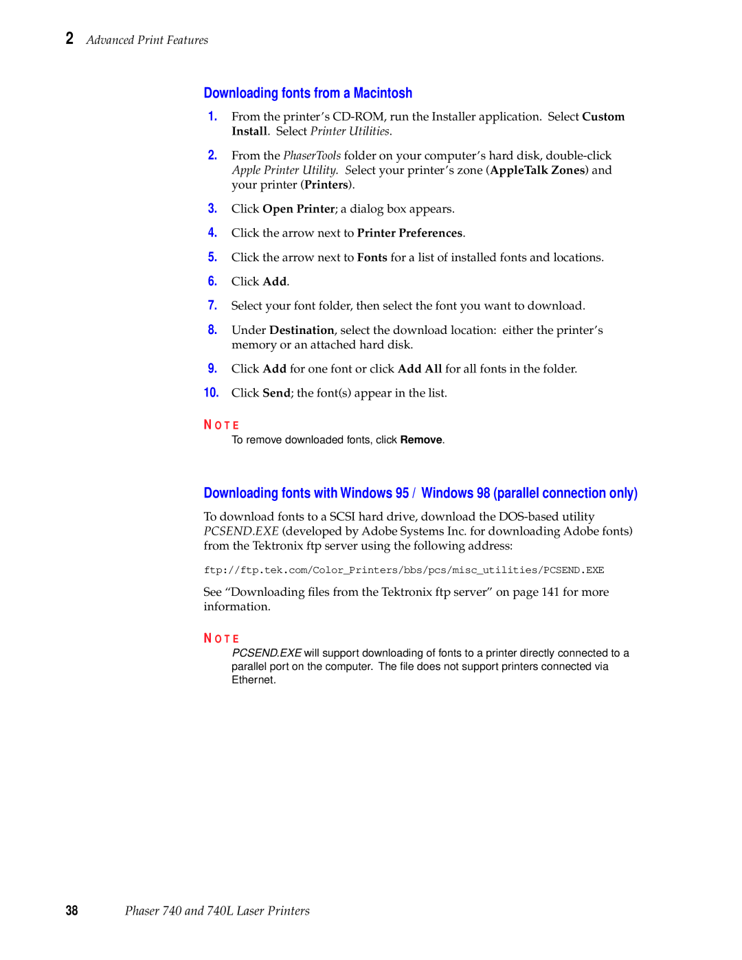 Tektronix 740L manual Downloading fonts from a Macintosh 