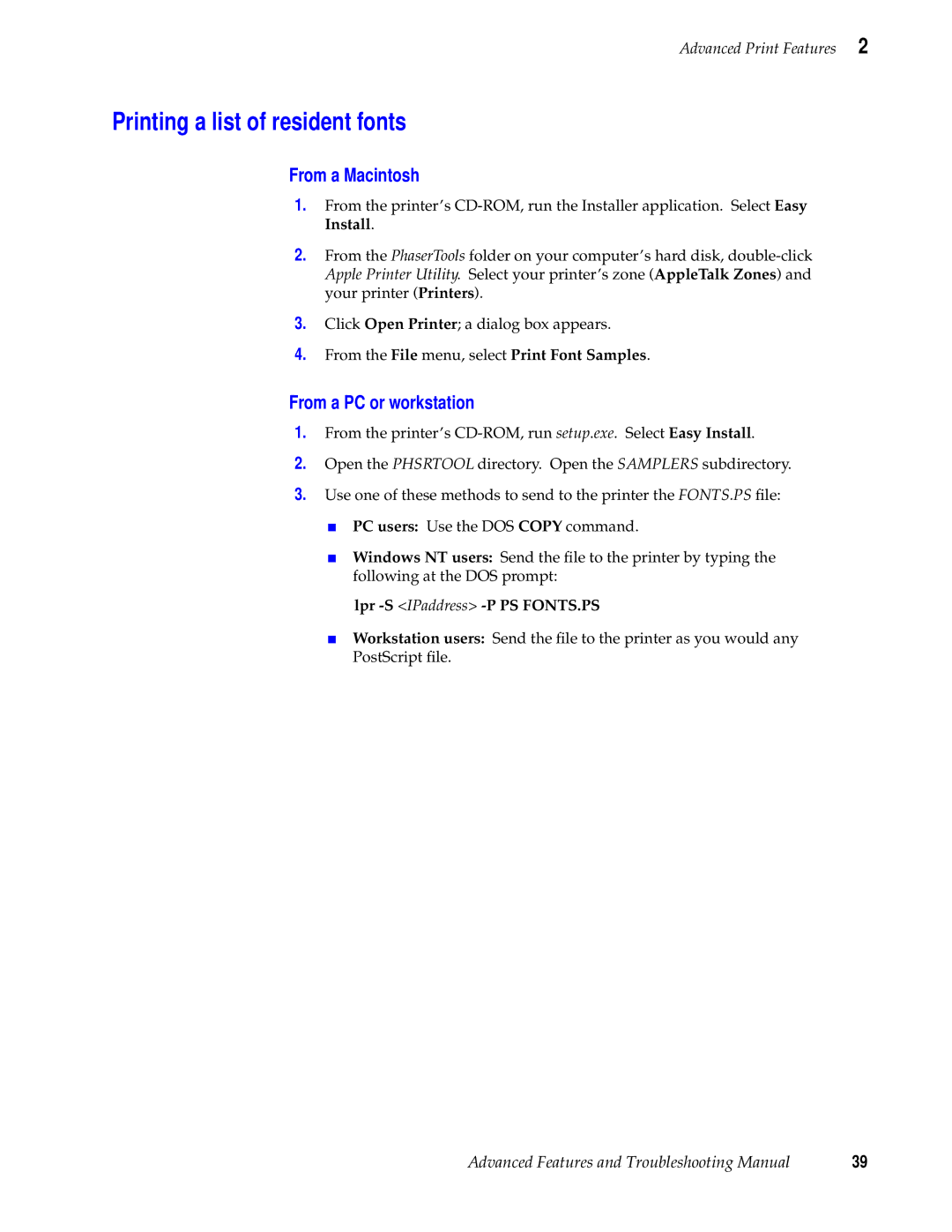 Tektronix 740L manual Printing a list of resident fonts, From a Macintosh, From a PC or workstation 