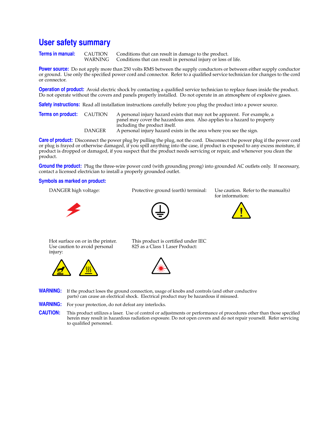 Tektronix 740L User safety summary, Terms in manual Caution, Terms on product Caution, Symbols as marked on product 