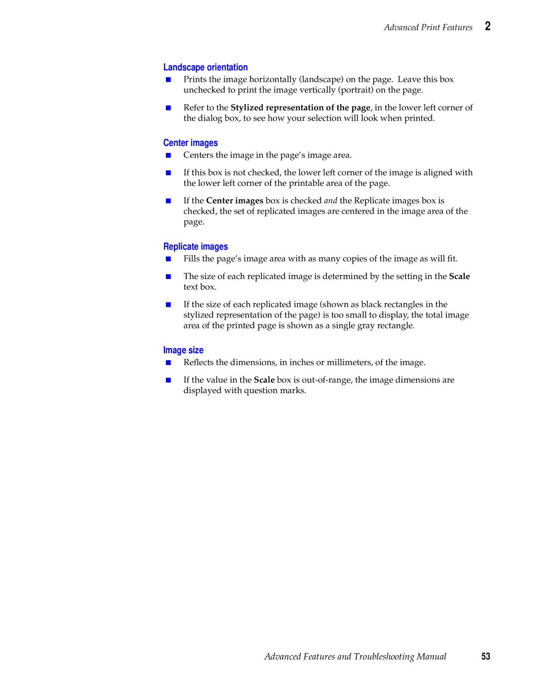 Tektronix 740L manual Landscape orientation, Center images, Replicate images, Image size 