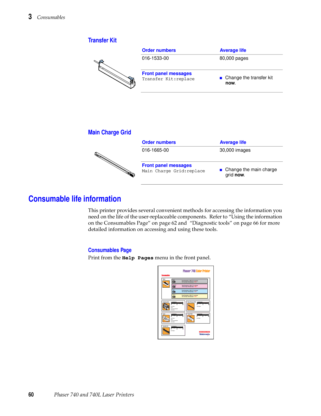 Tektronix 740L manual Consumable life information, Transfer Kit, Main Charge Grid 