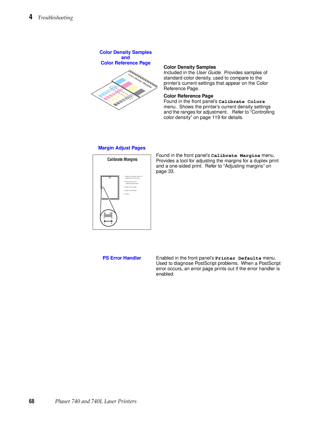 Tektronix 740L manual Color Density Samples Color Reference Margin Adjust Pages, Calibrate Margins 