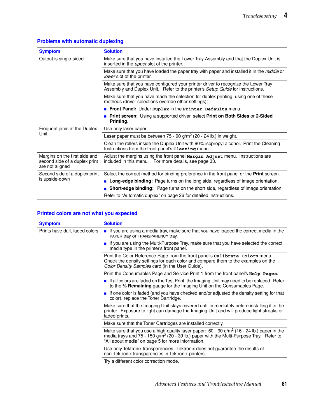 Tektronix 740L manual Problems with automatic duplexing, Printed colors are not what you expected, SymptomSolution 