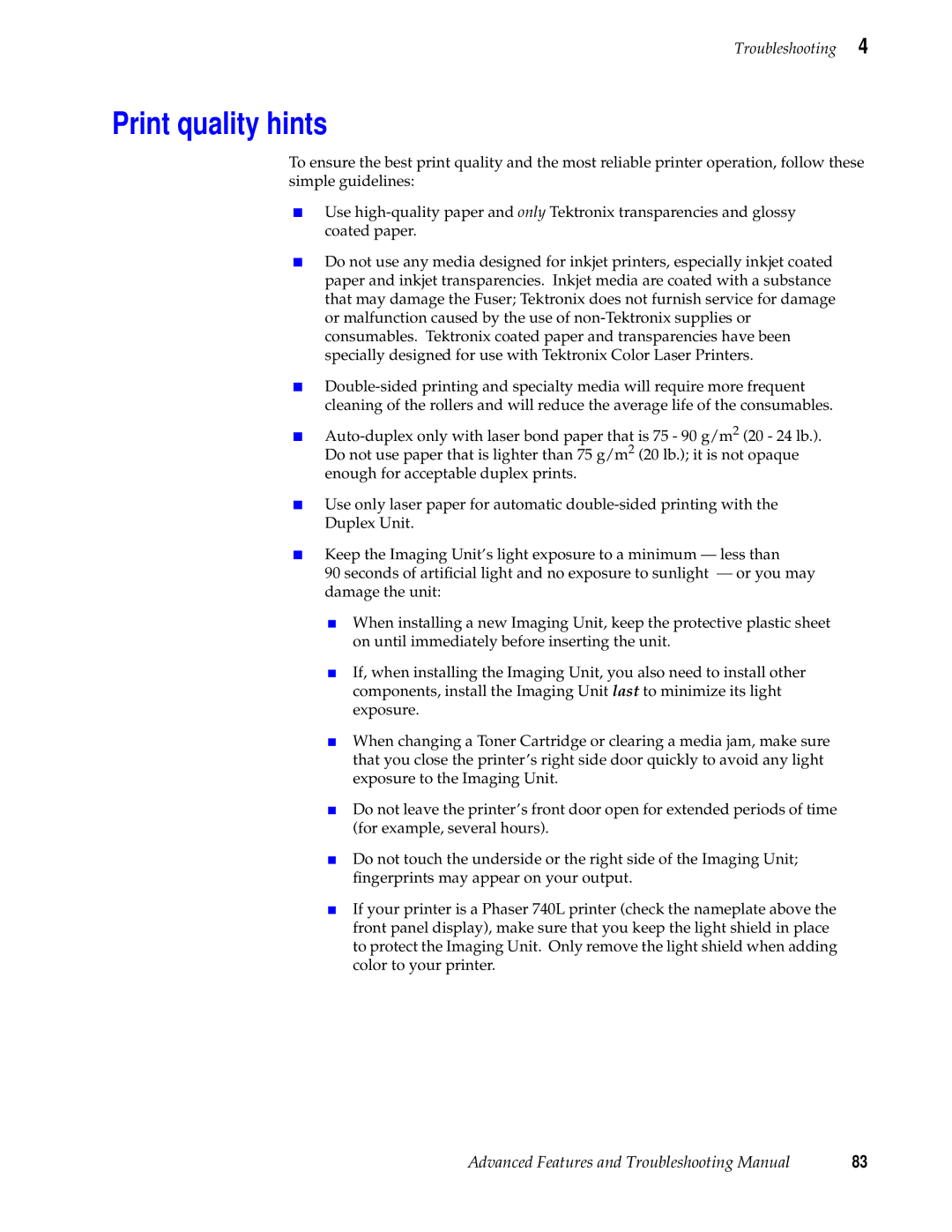 Tektronix 740L manual Print quality hints 