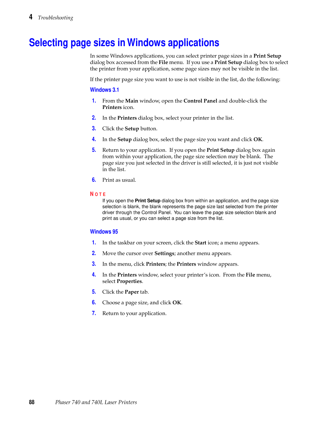 Tektronix 740L manual Selecting page sizes in Windows applications 