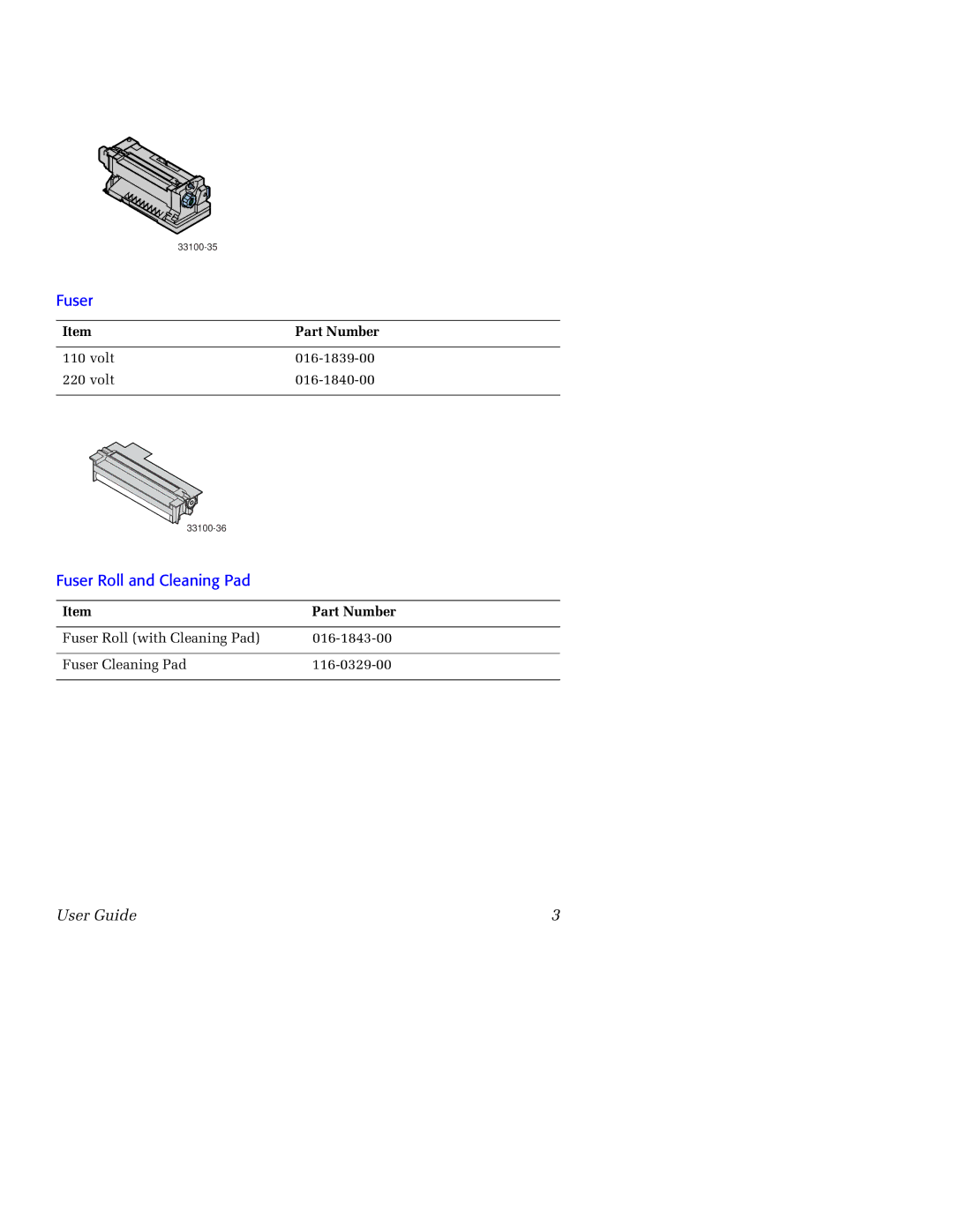 Tektronix 750 manual Fuser Roll and Cleaning Pad 