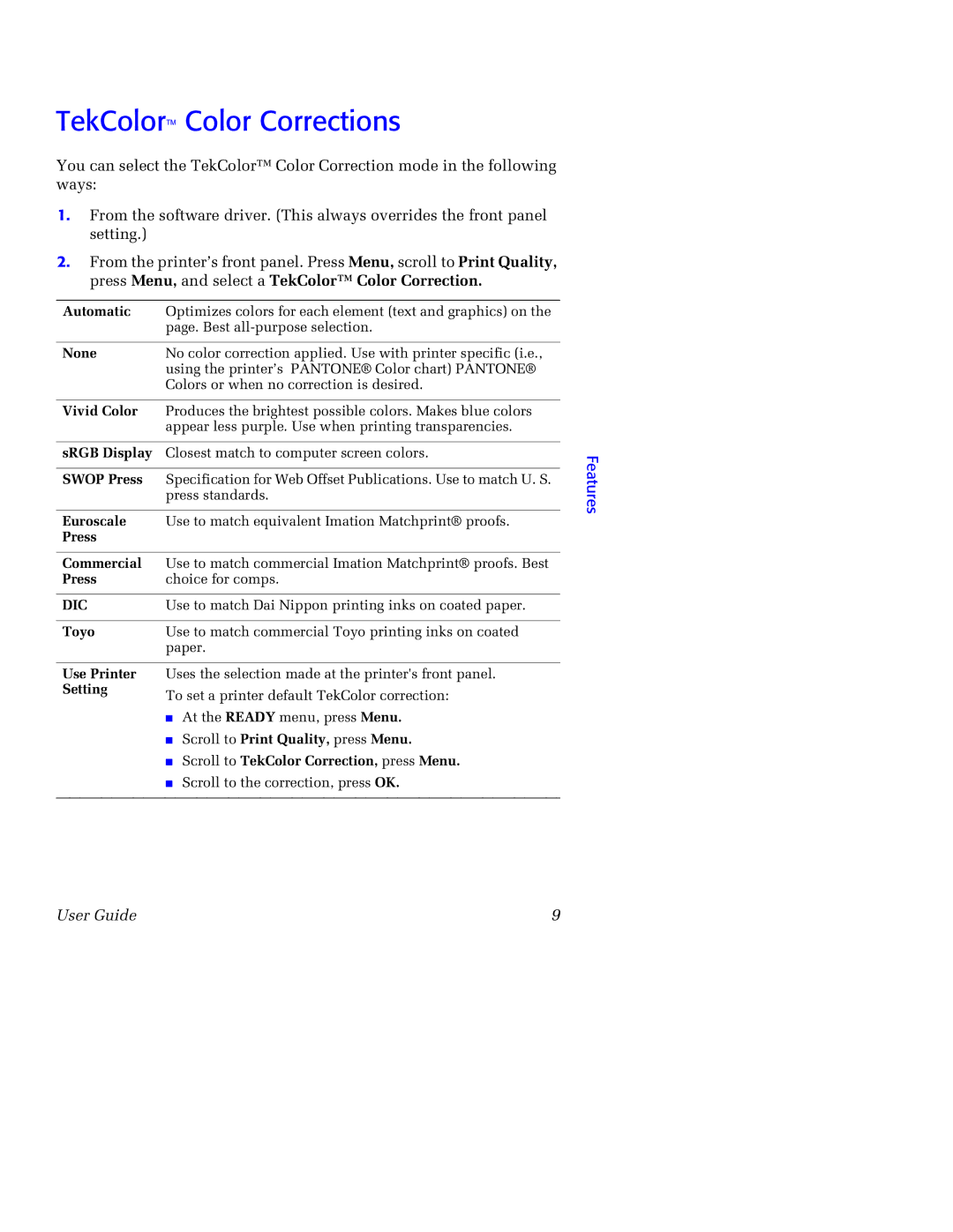 Tektronix 750 manual TekColor Color Corrections, Features 