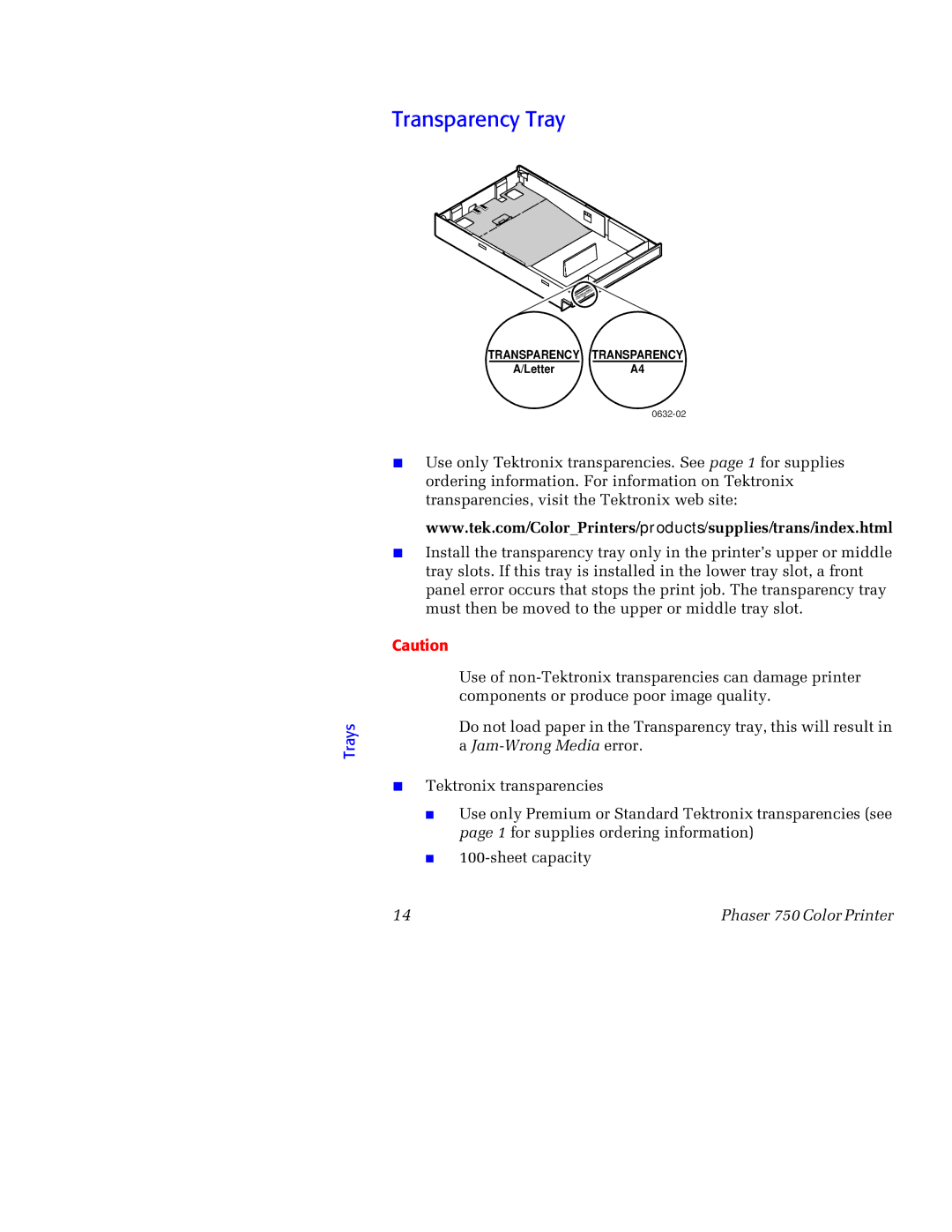 Tektronix 750 manual Transparency Tray 