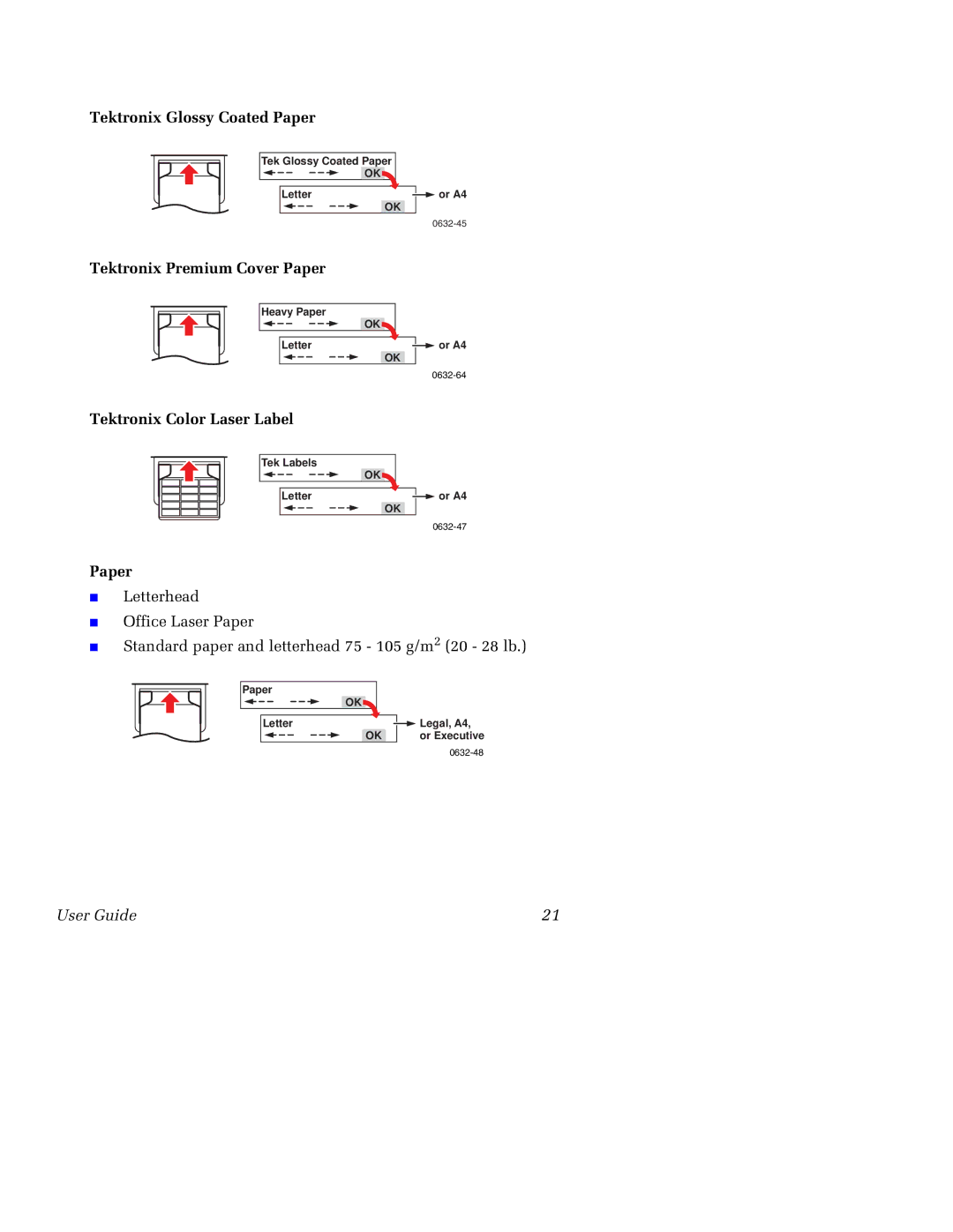 Tektronix 750 manual Tektronix Glossy Coated Paper, Tektronix Premium Cover Paper, Tektronix Color Laser Label 