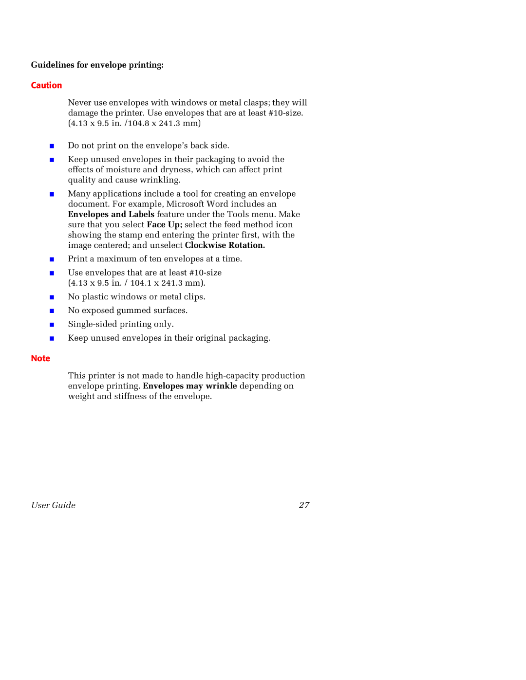 Tektronix 750 manual Guidelines for envelope printing 