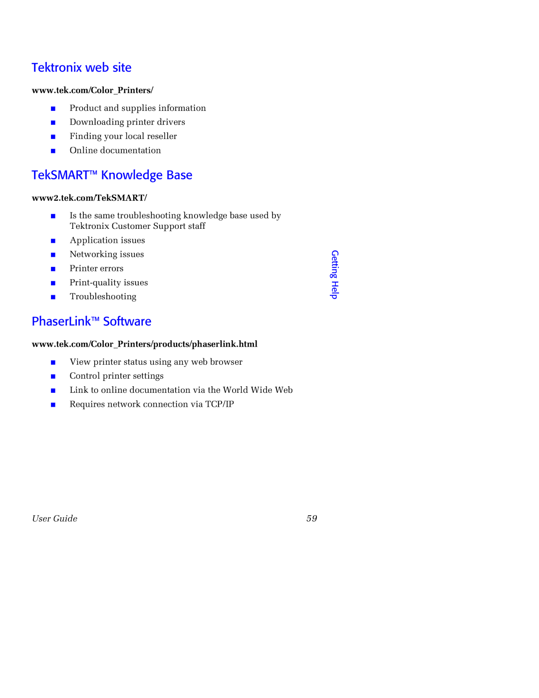 Tektronix 750 manual Tektronix web site, TekSMART Knowledge Base, PhaserLink Software, Getting Help 