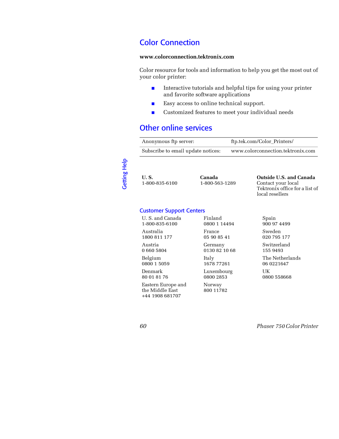 Tektronix 750 manual Color Connection, Other online services, Customer Support Centers 