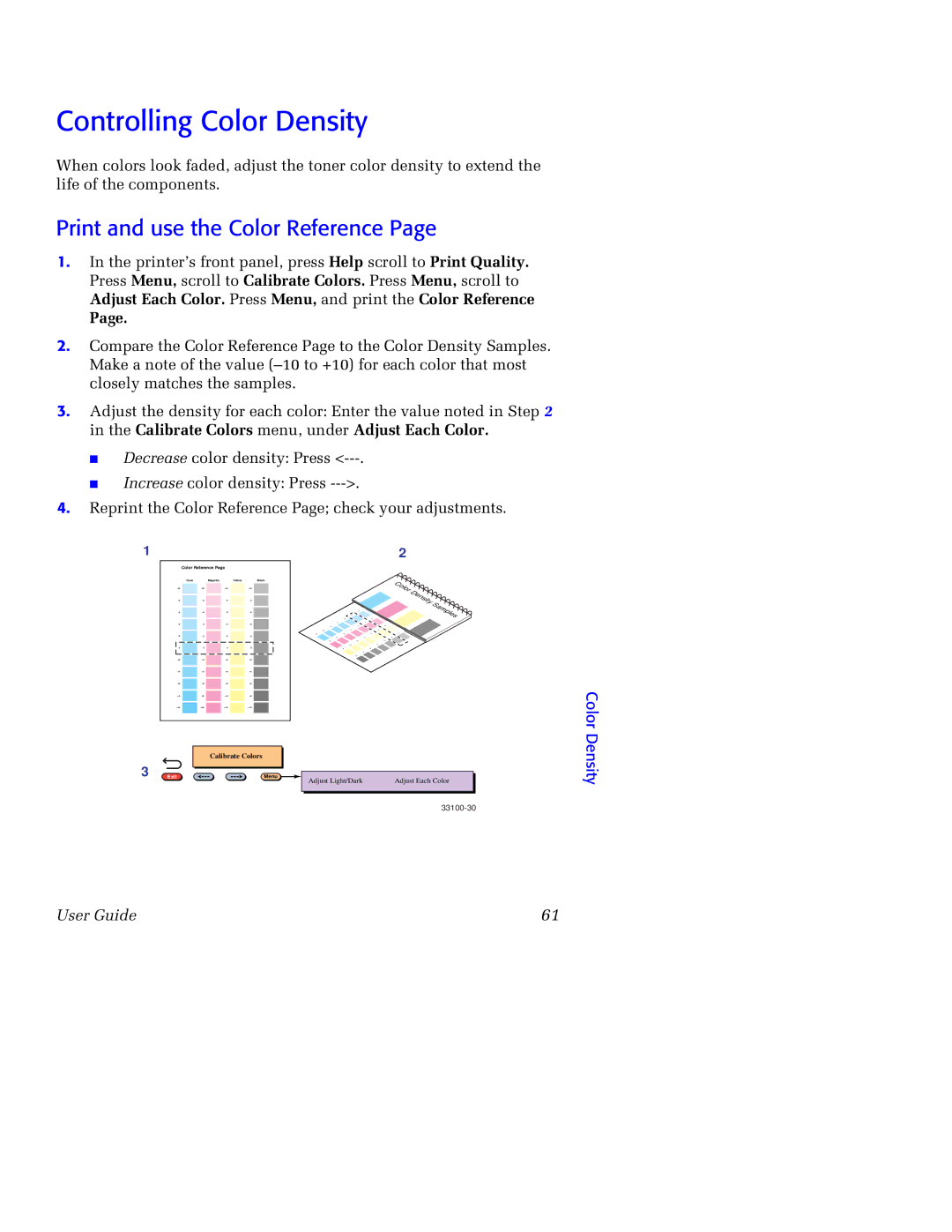 Tektronix 750 manual Controlling Color Density, Print and use the Color Reference 