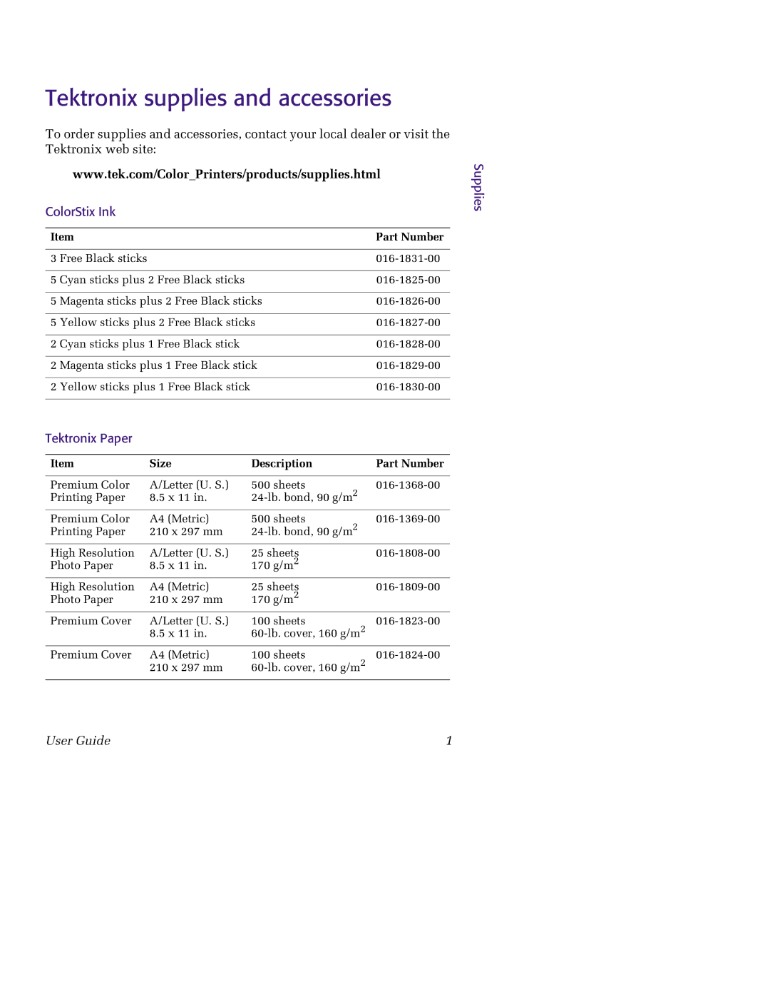 Tektronix 850 manual Tektronix supplies and accessories, ColorStix Ink, Tektronix Paper, Supplies 