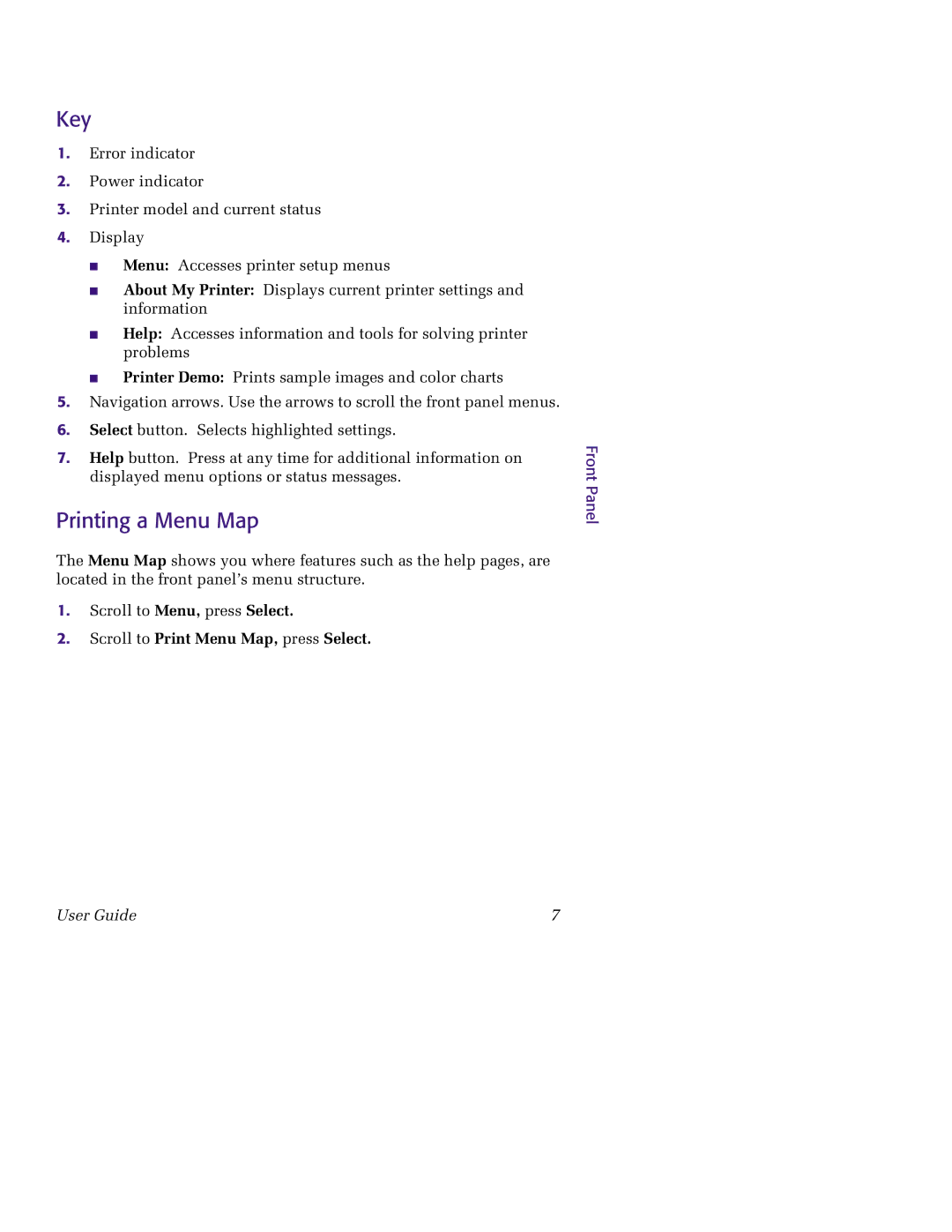 Tektronix 850 manual Key, Printing a Menu Map, Scroll to Print Menu Map, press Select, Front Panel 