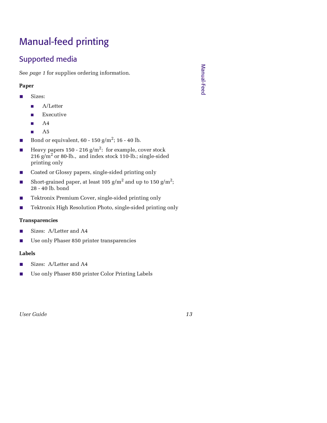 Tektronix 850 manual Manual-feed printing, Supported media, Paper, Transparencies, Labels 