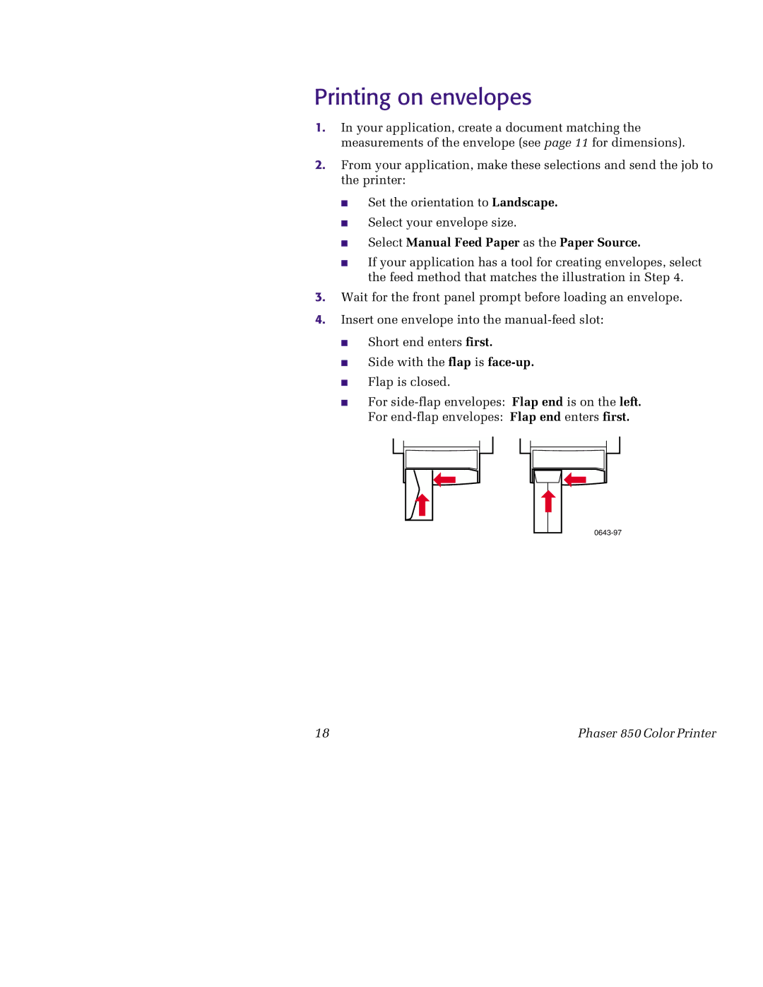 Tektronix 850 manual Printing on envelopes, Select Manual Feed Paper as the Paper Source 