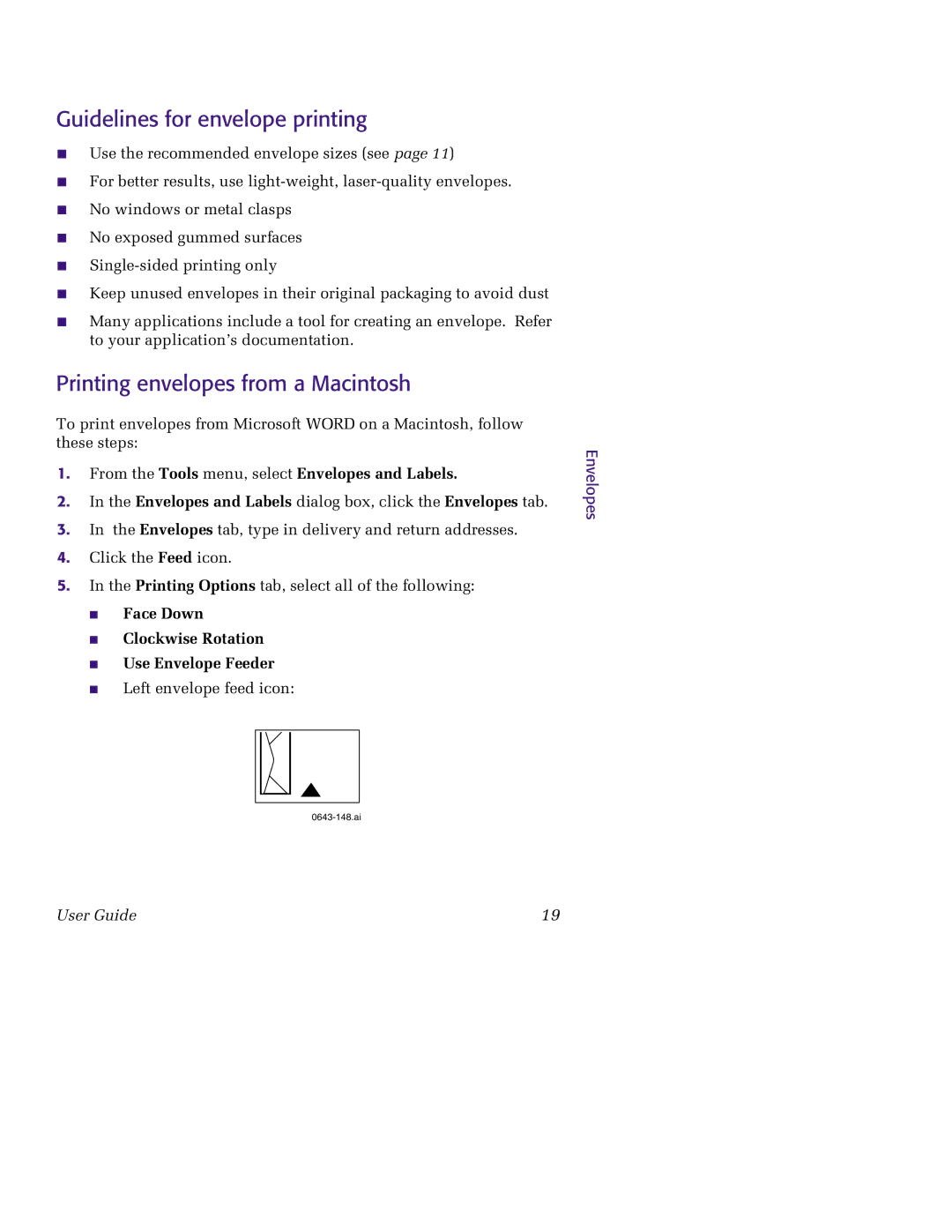 Tektronix 850 manual Guidelines for envelope printing, Printing envelopes from a Macintosh, Envelopes 