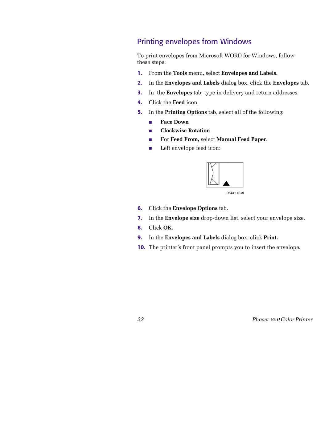 Tektronix 850 manual Printing envelopes from Windows, Envelopes and Labels dialog box, click Print 