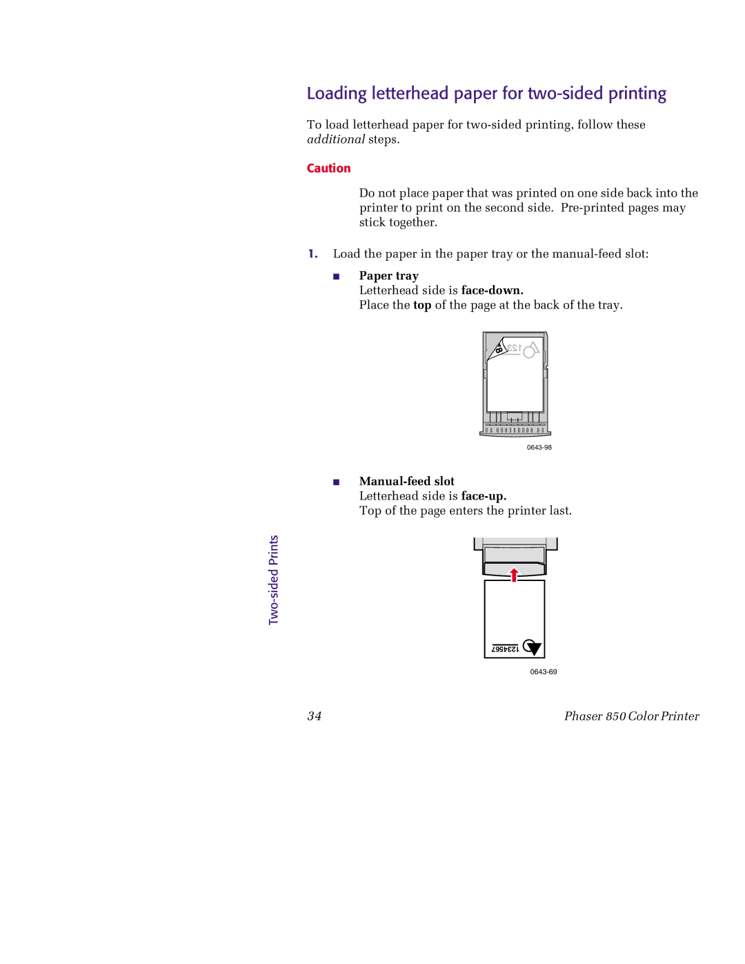 Tektronix 850 Loading letterhead paper for two-sided printing, Paper tray, Manual-feed slot Letterhead side is face-up 