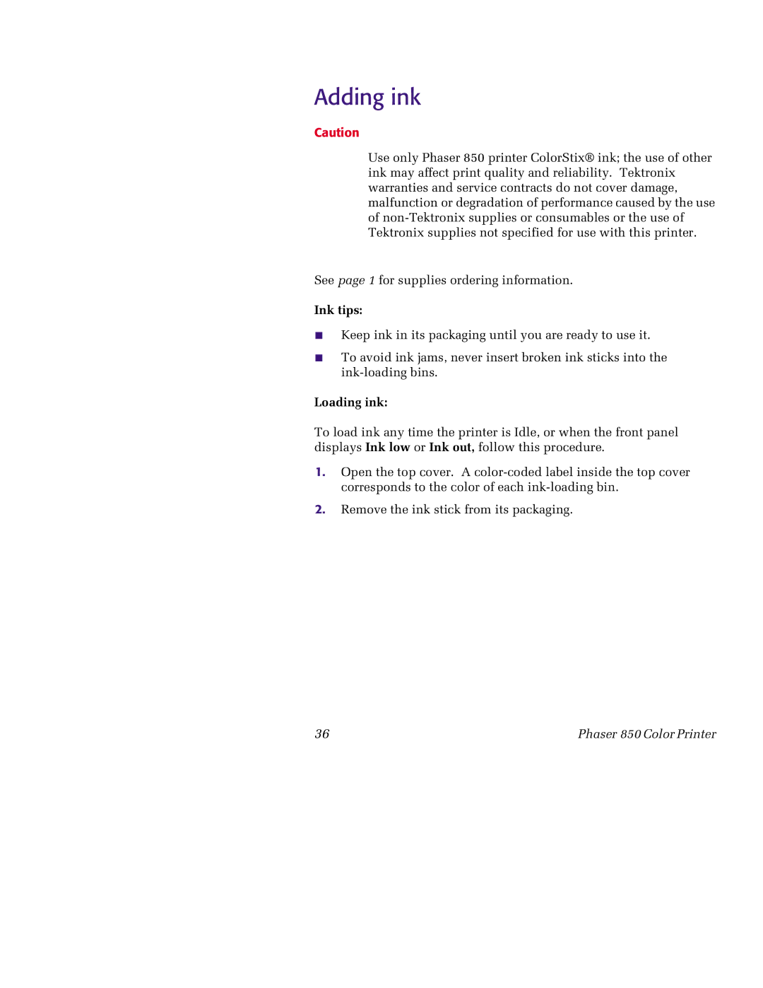 Tektronix 850 manual Adding ink, Ink tips, Loading ink 