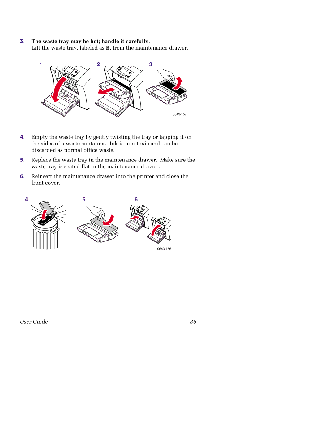 Tektronix 850 manual Waste tray may be hot handle it carefully 