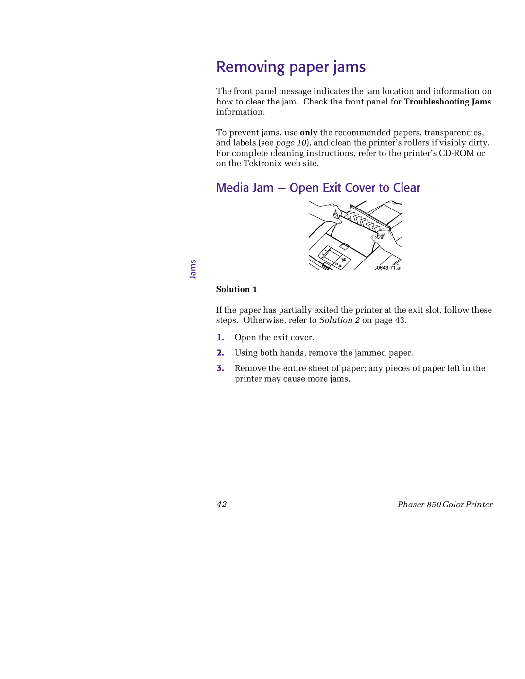 Tektronix 850 manual Removing paper jams, Media Jam Open Exit Cover to Clear, Jams, Solution 