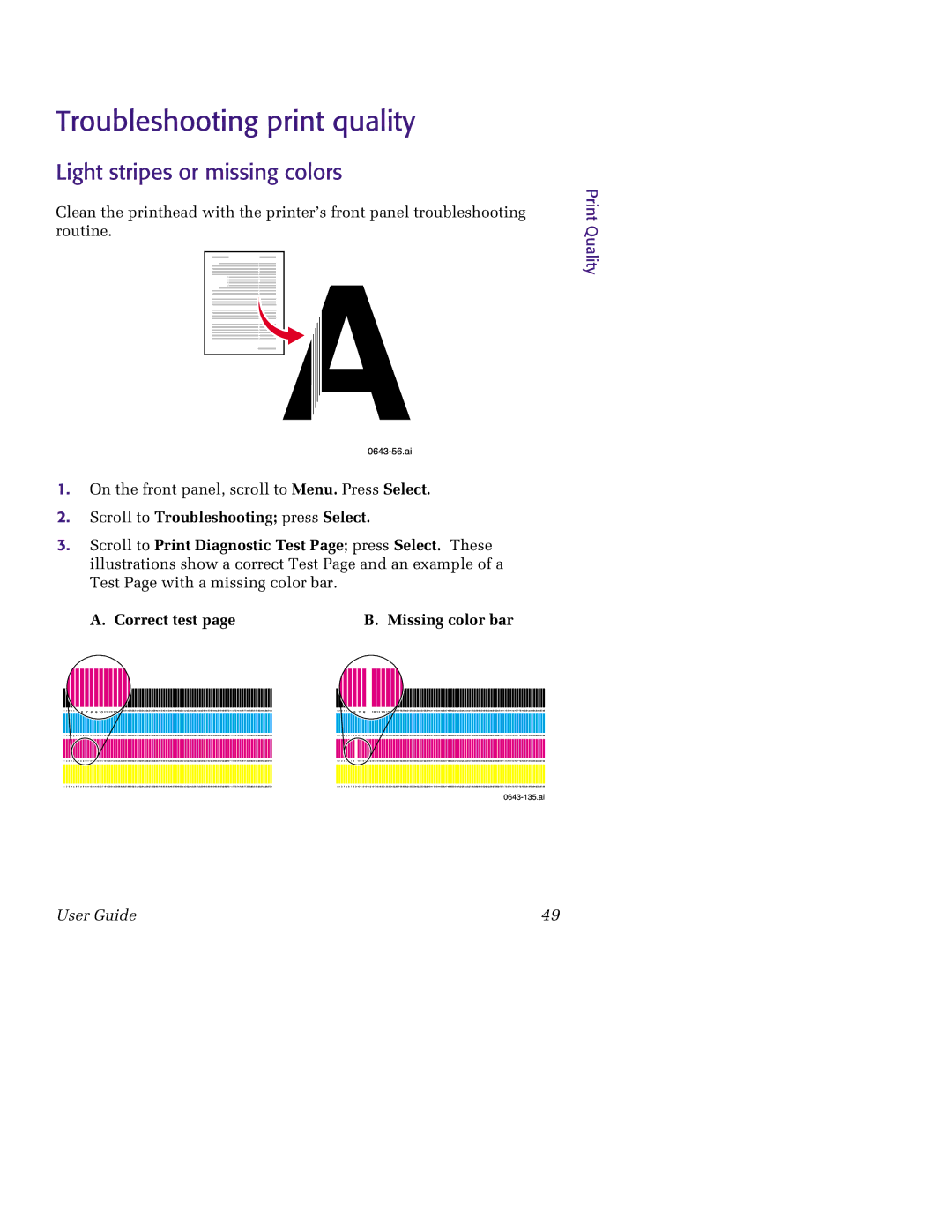 Tektronix 850 manual Troubleshooting print quality, Light stripes or missing colors, Print Quality 